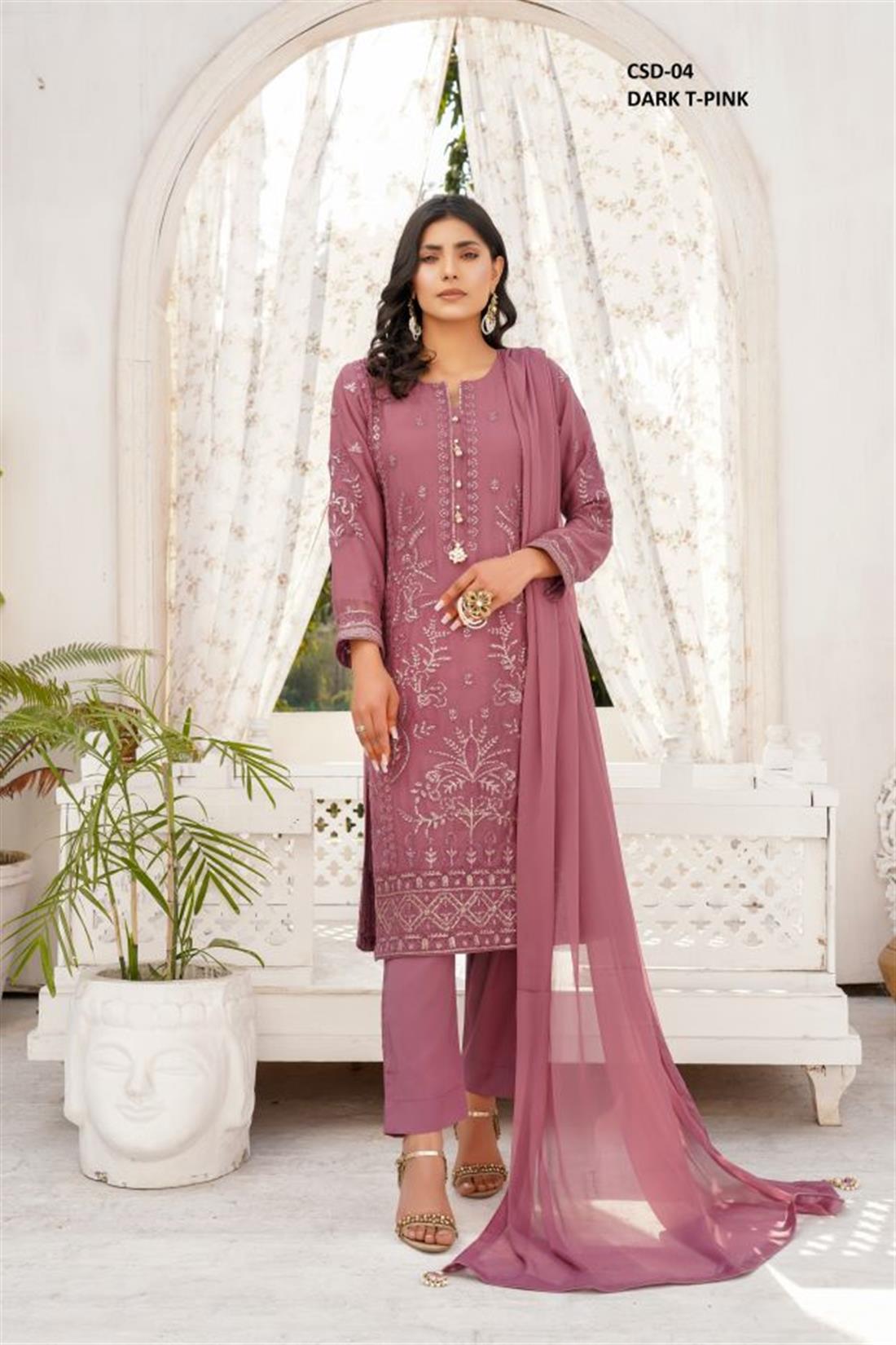 Dark Mauve Sequinned Chiffon 3 Piece Suit