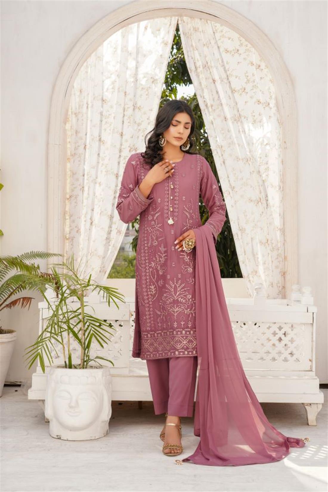 Dark Mauve Sequinned Chiffon 3 Piece Suit