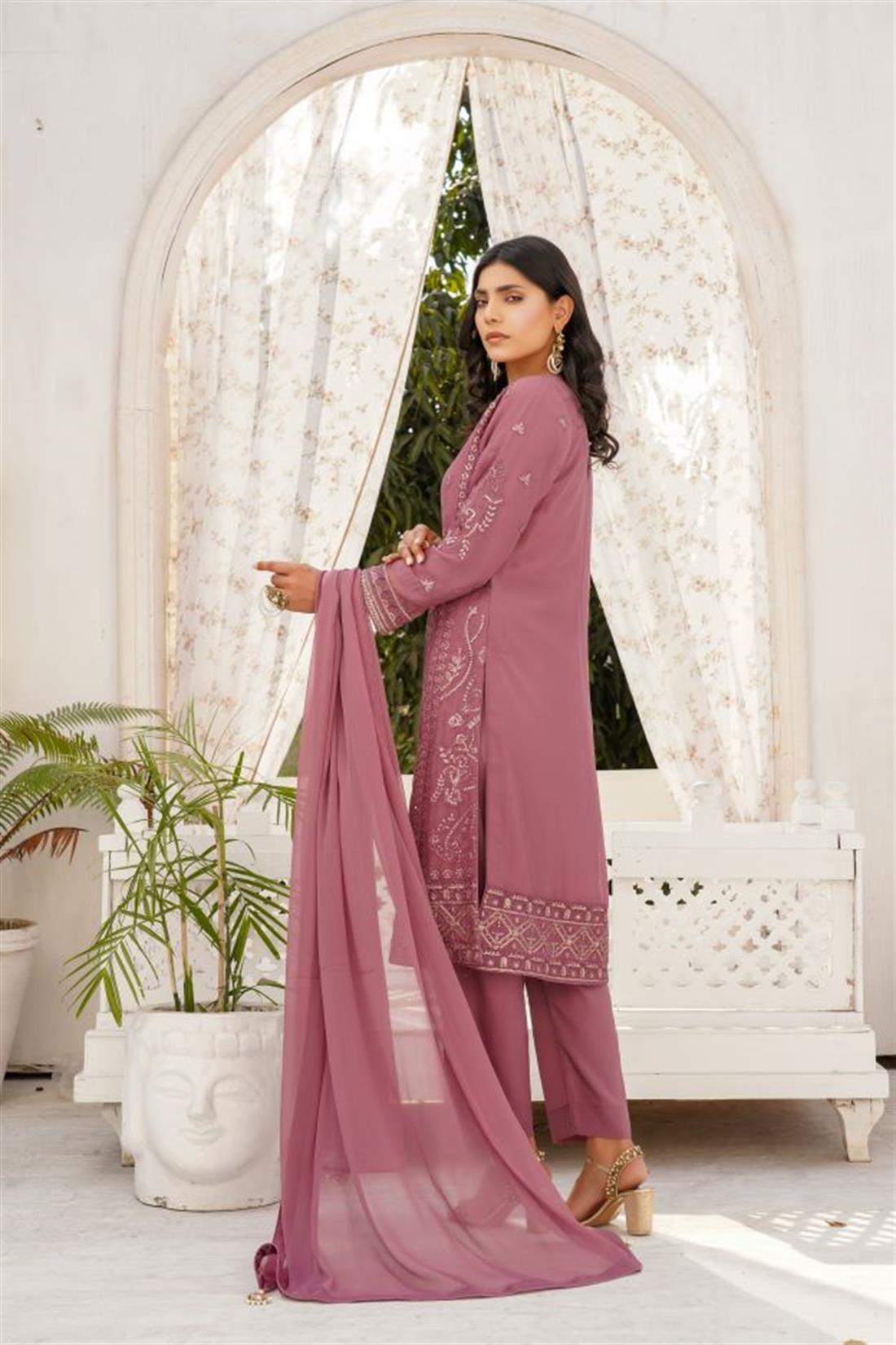 Dark Mauve Sequinned Chiffon 3 Piece Suit