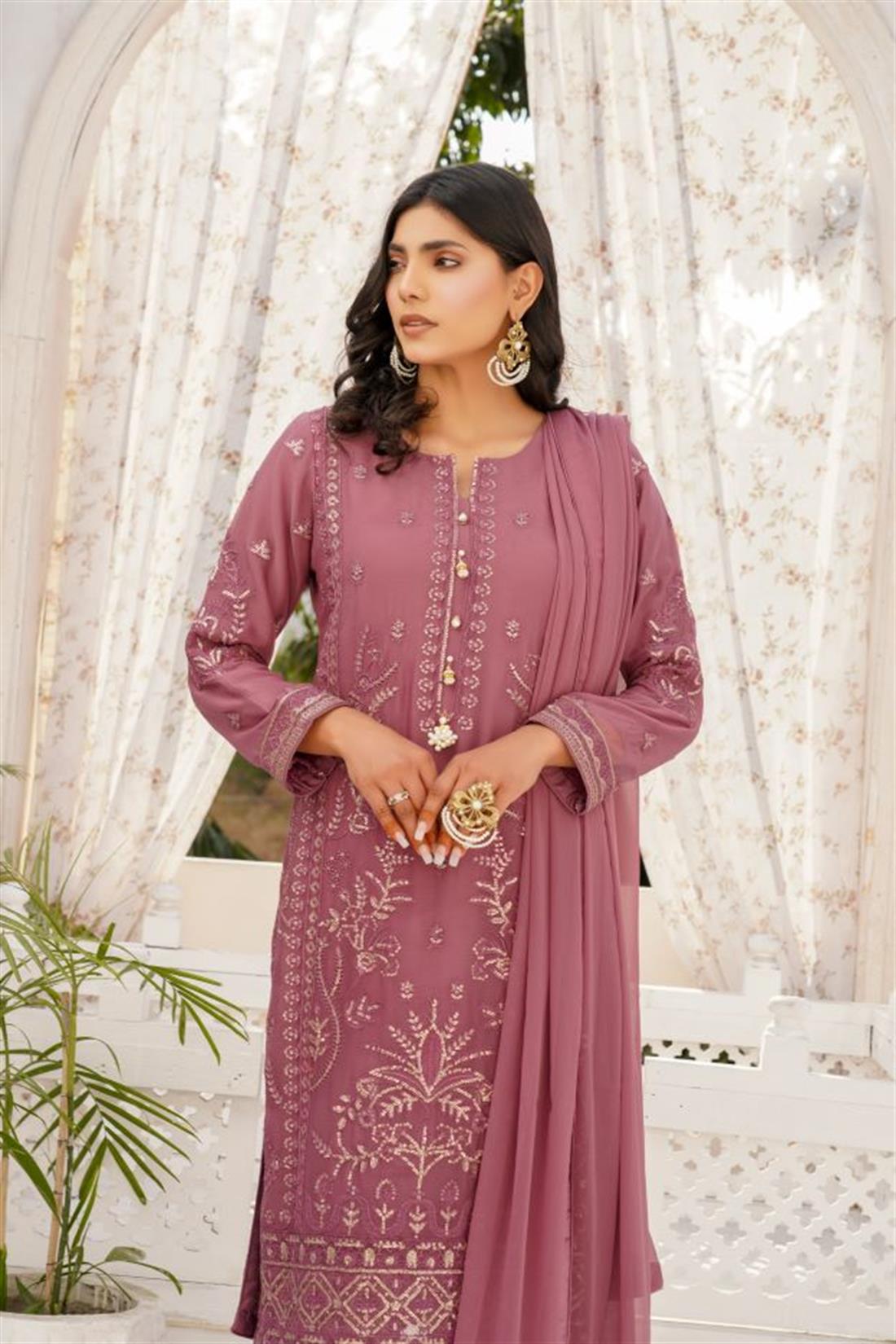 Dark Mauve Sequinned Chiffon 3 Piece Suit