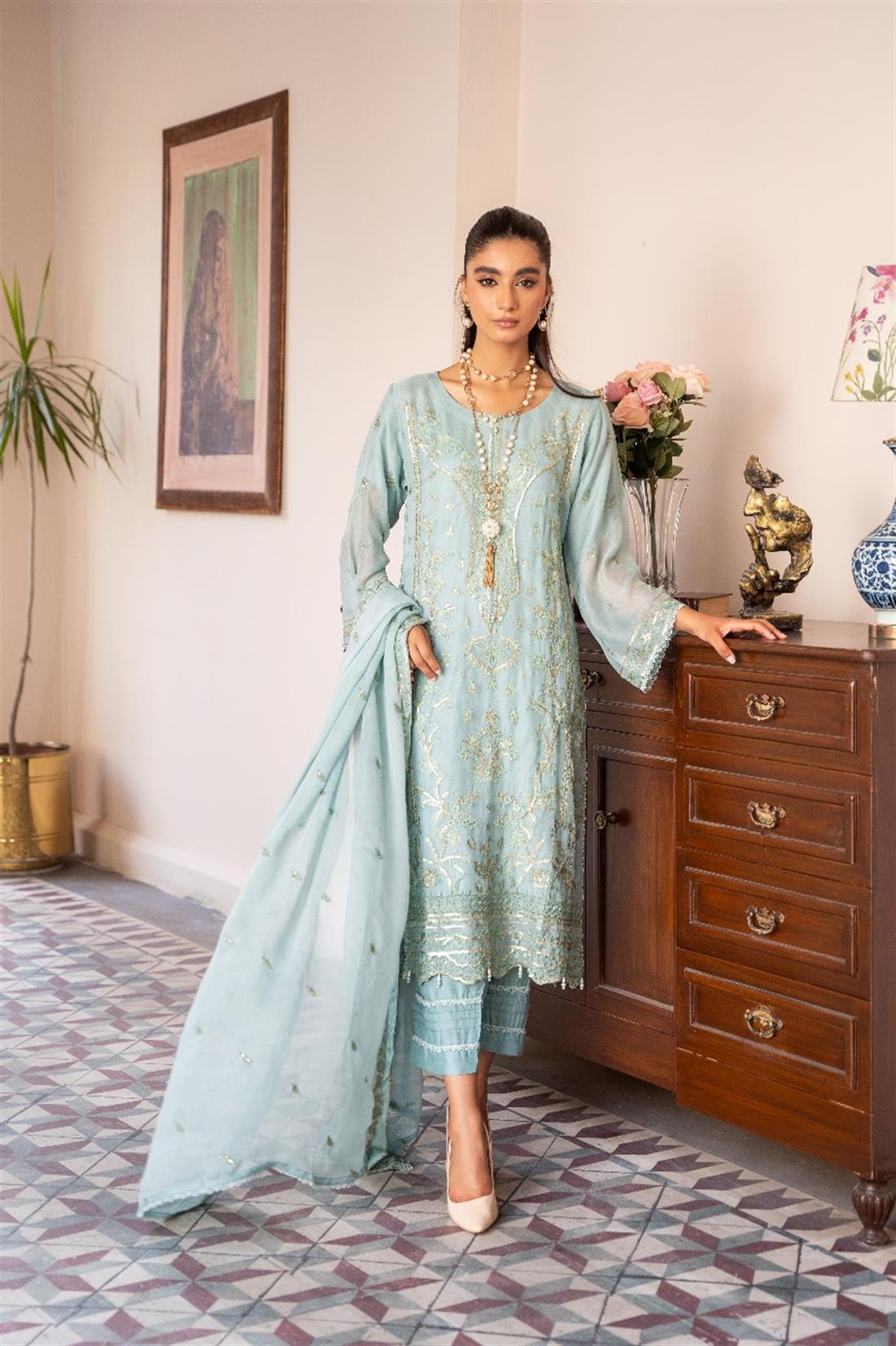 Mint Sequinned Raw Silk Chiffon 3 Piece Suit
