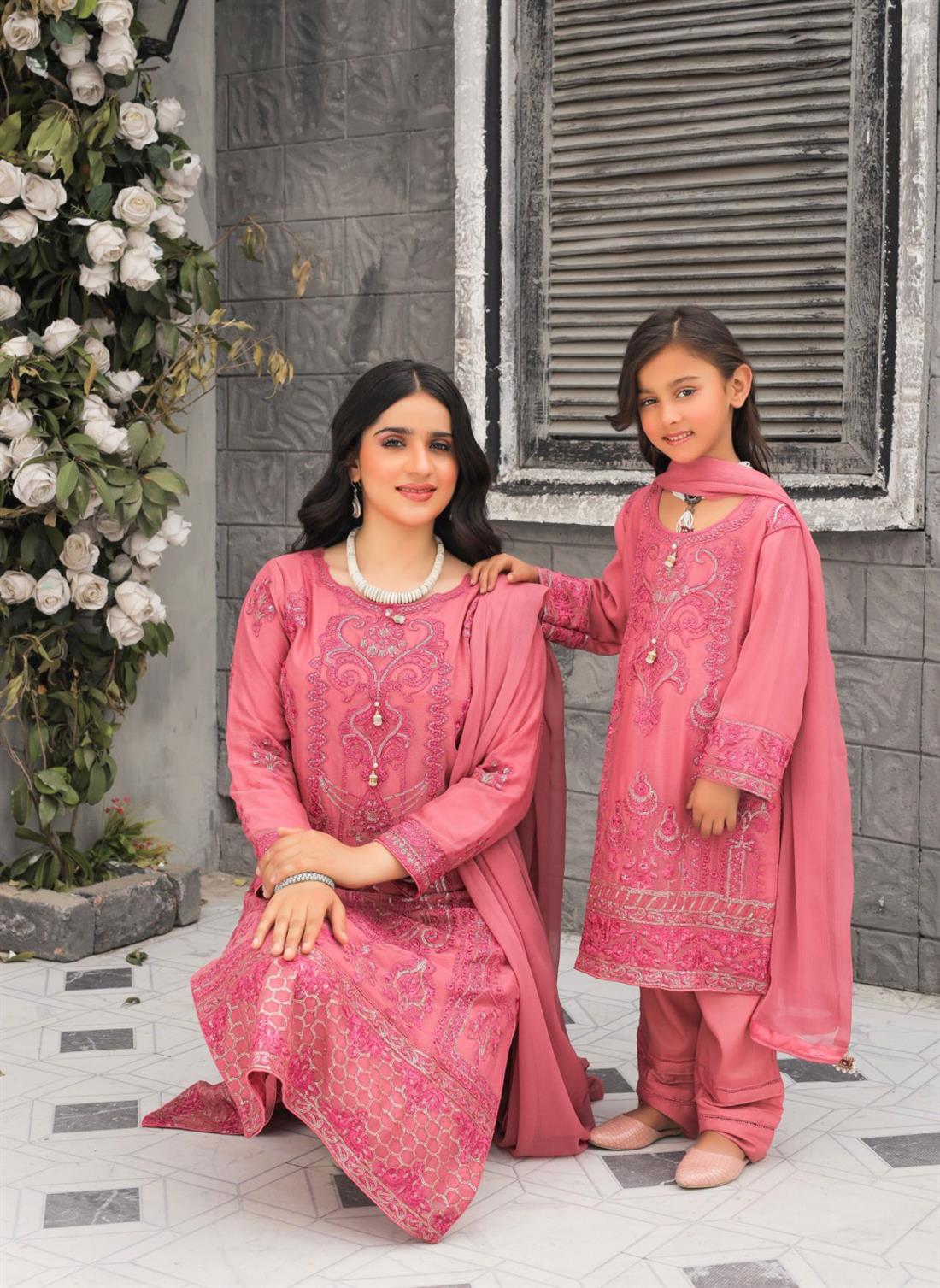 Pink Embroidered Raw Silk Chiffon 3 Piece