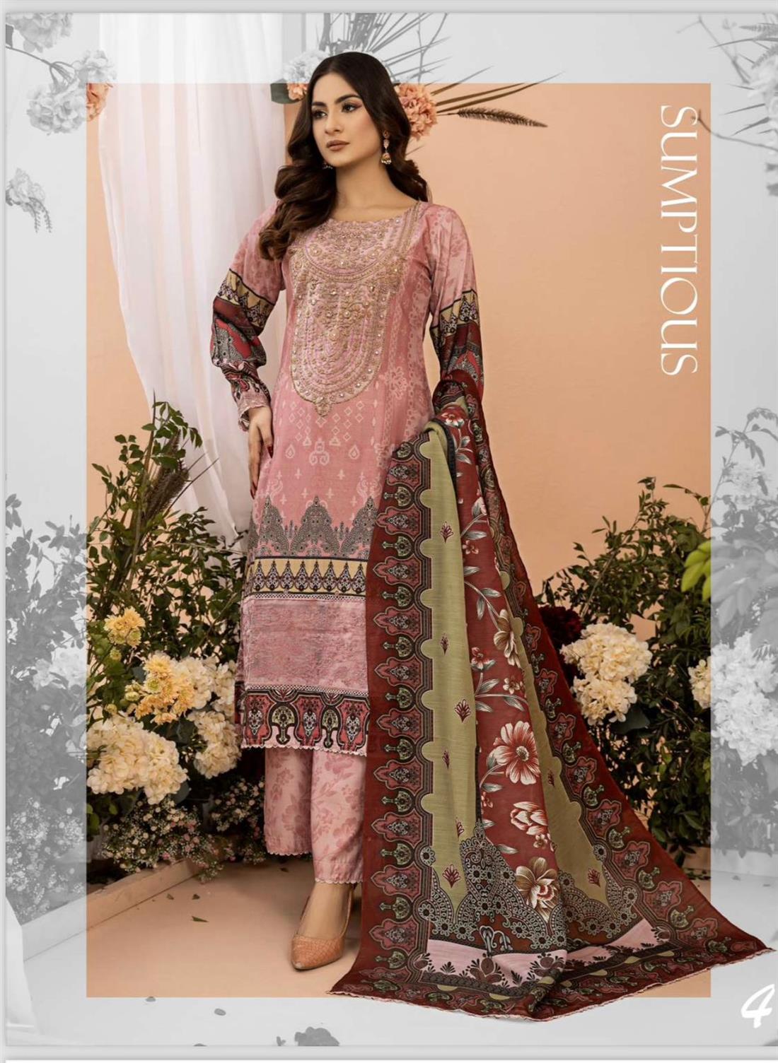 Pink Embroidered Linen 3 Piece Suit
