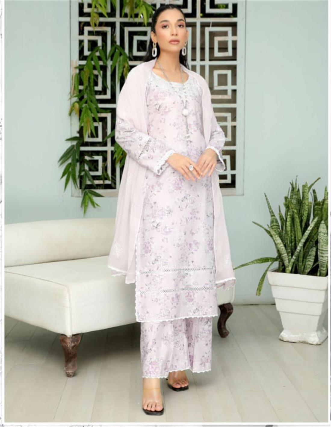 Lavendar Embroidered Chiffon Lawn 3 Piece Suit