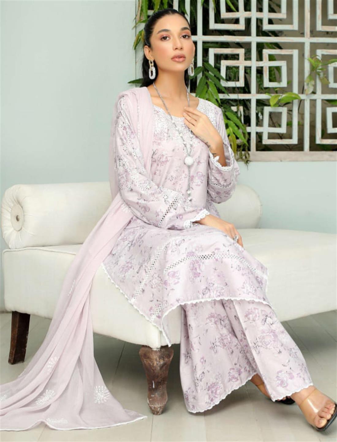 Lavendar Embroidered Chiffon Lawn 3 Piece Suit