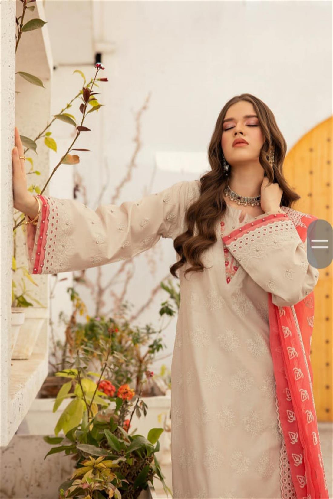Ivory & Pink Embroidered Chiffon Chikan Kari 3 Piece Suit