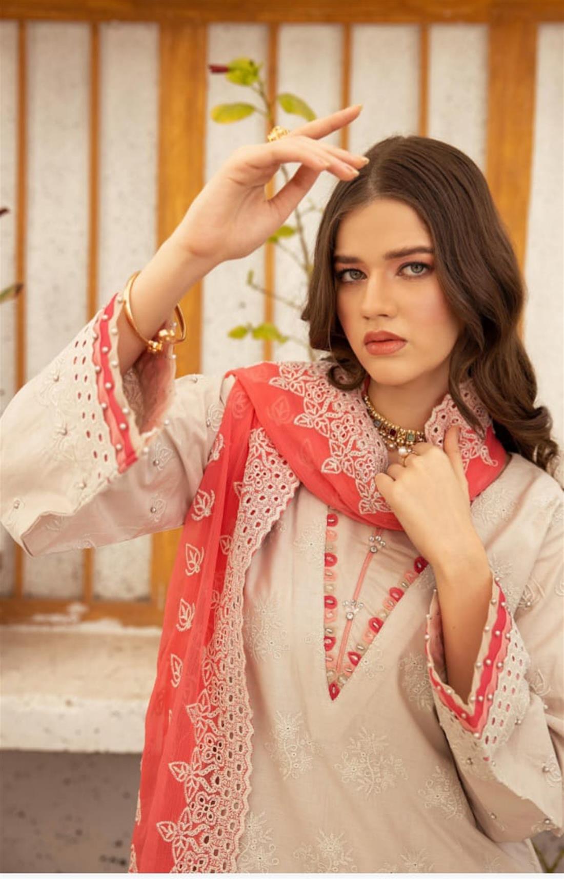 Ivory & Pink Embroidered Chiffon Chikan Kari 3 Piece Suit