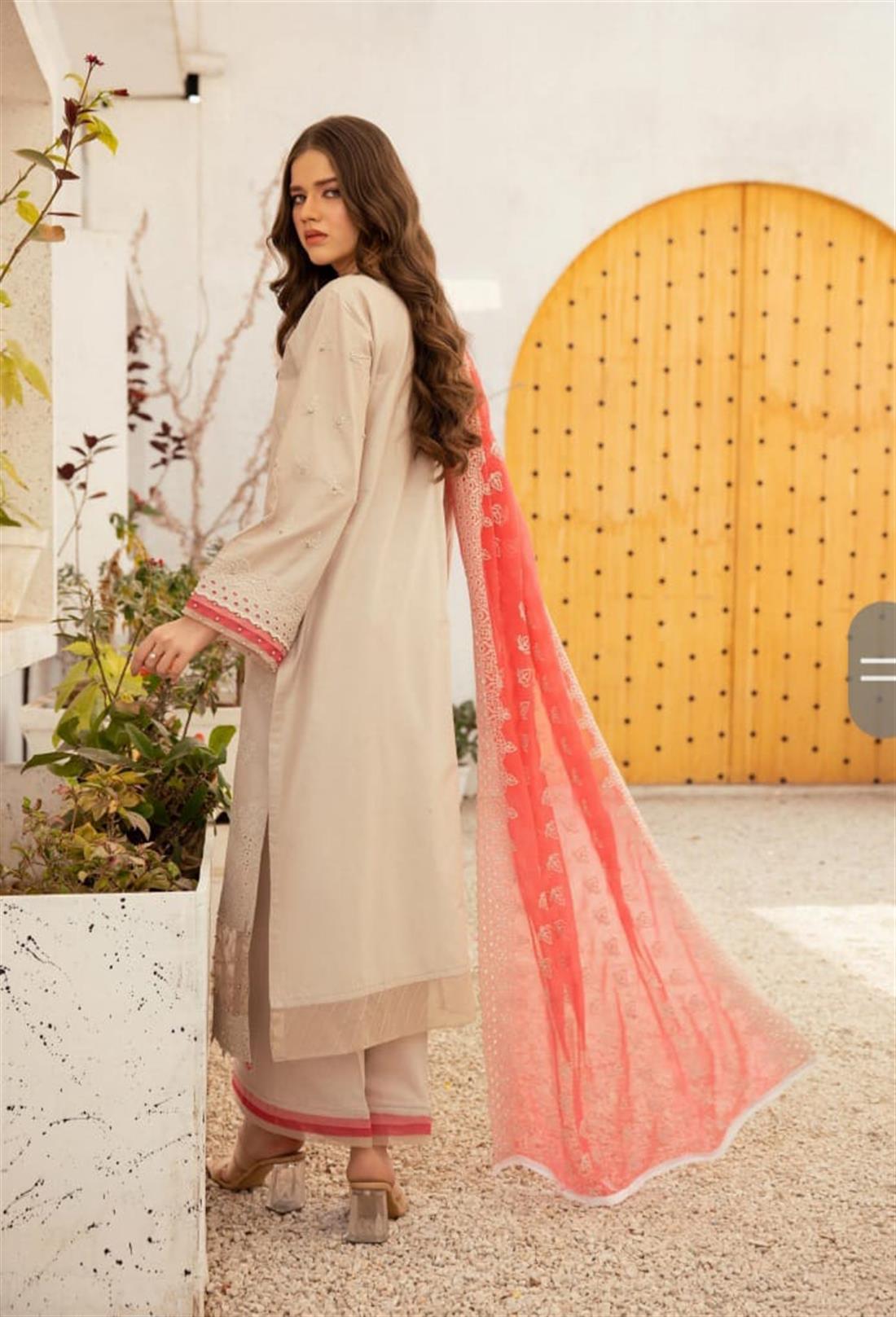Ivory & Pink Embroidered Chiffon Chikan Kari 3 Piece Suit
