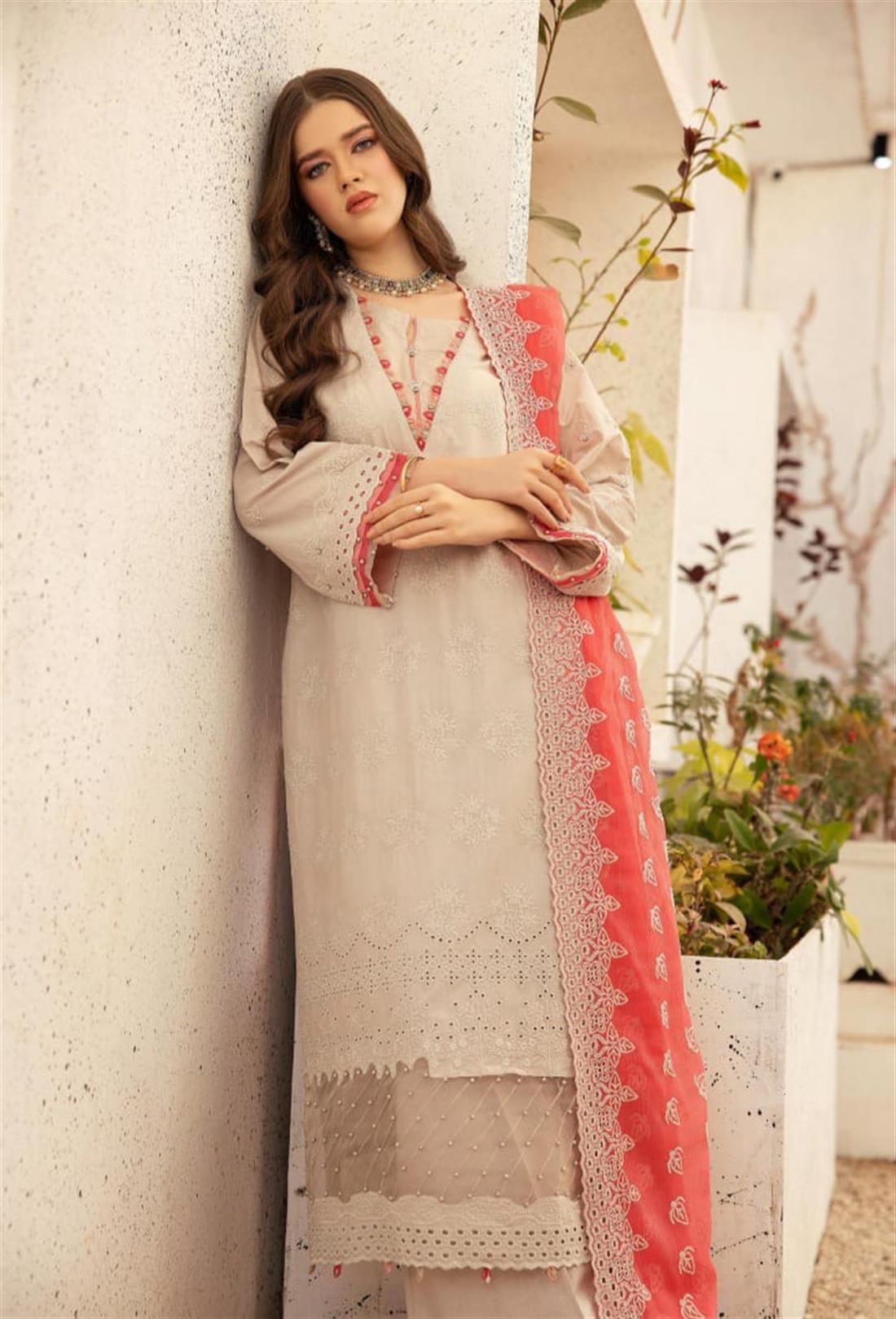 Ivory & Pink Embroidered Chiffon Chikan Kari 3 Piece Suit