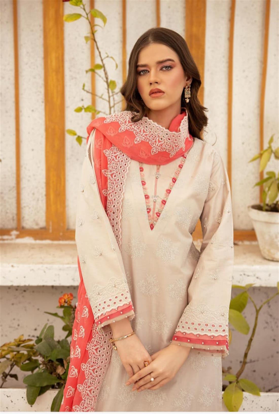 Ivory & Pink Embroidered Chiffon Chikan Kari 3 Piece Suit