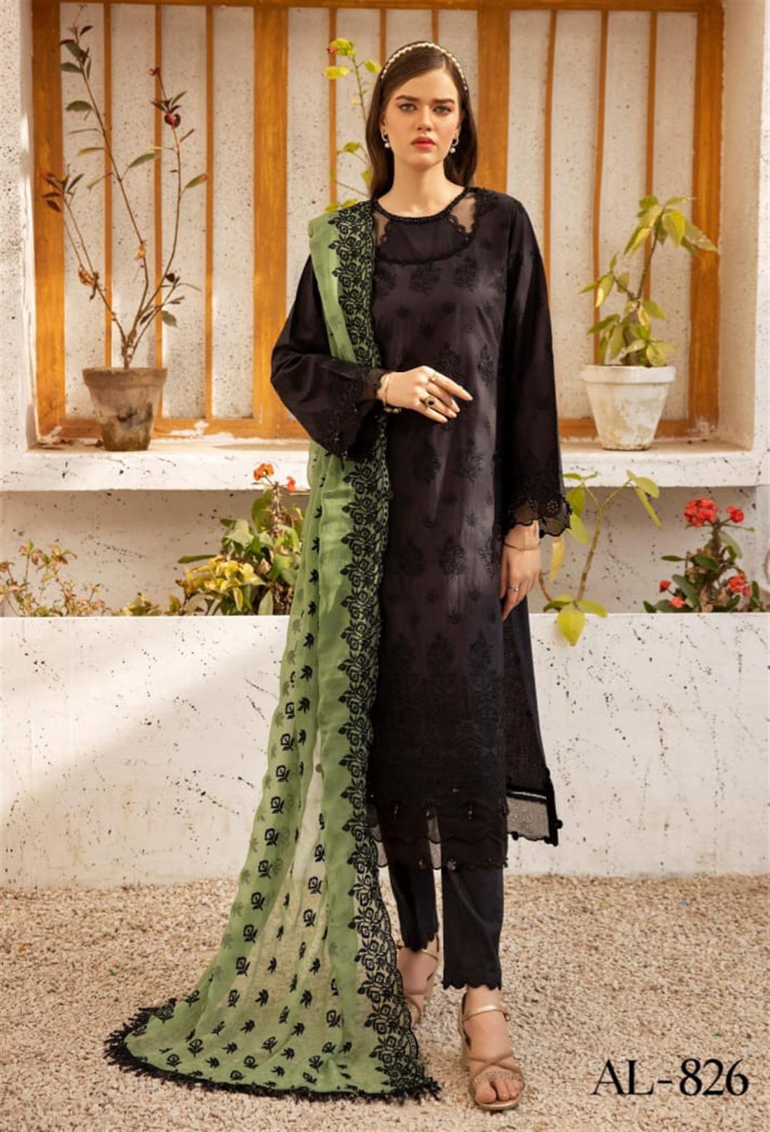 Black & Green Embroidered Chiffon Chikan Kari 3 Piece Suit