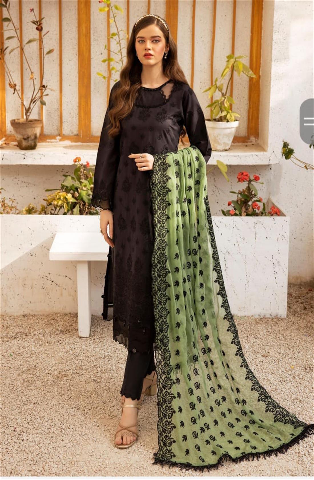 Black & Green Embroidered Chiffon Chikan Kari 3 Piece Suit