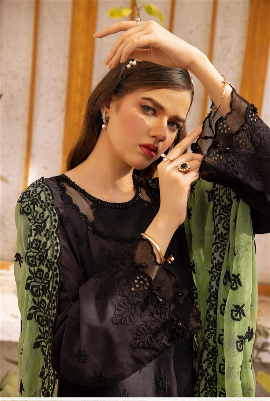 Black & Green Embroidered Chiffon Chikan Kari 3 Piece Suit