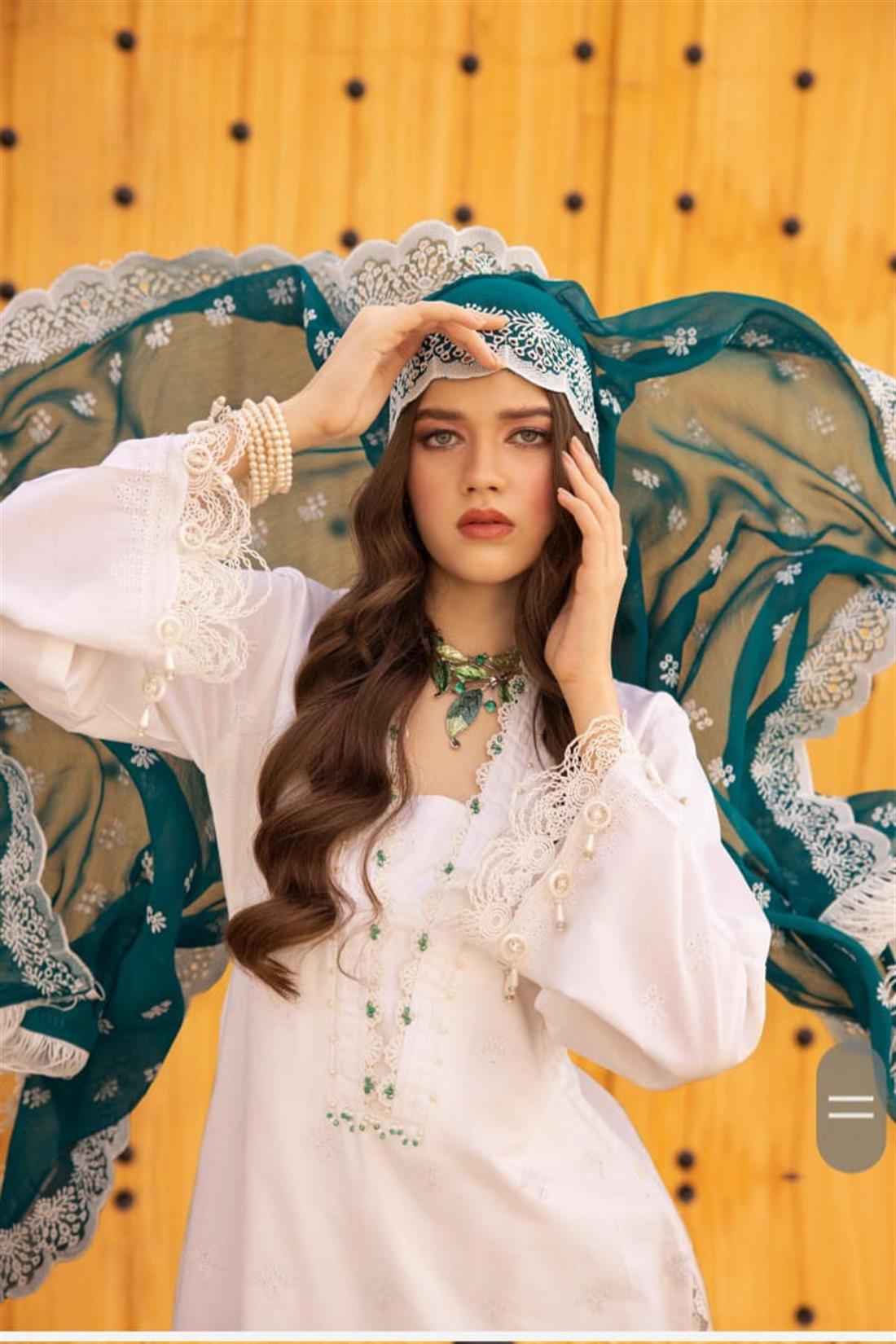 White & Green Embroidered Chiffon Chikan Kari 3 Piece Suit