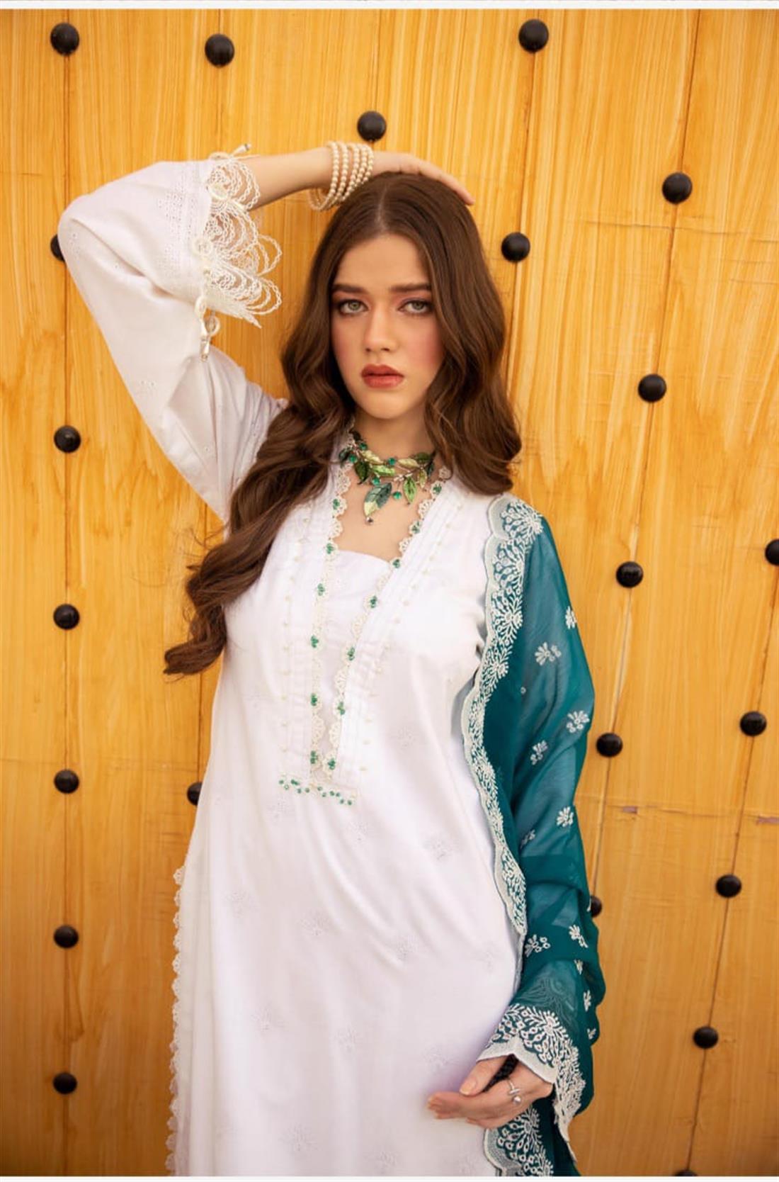 White & Green Embroidered Chiffon Chikan Kari 3 Piece Suit