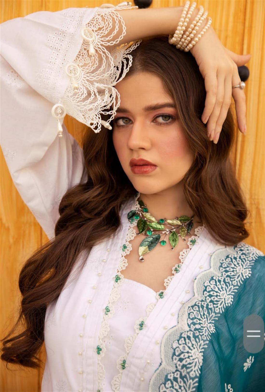 White & Green Embroidered Chiffon Chikan Kari 3 Piece Suit