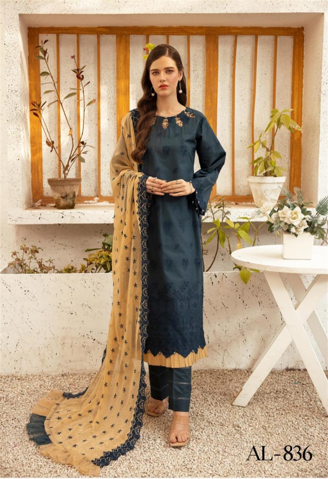 Teal & Beige Embroidered Chiffon Ladies Readymade