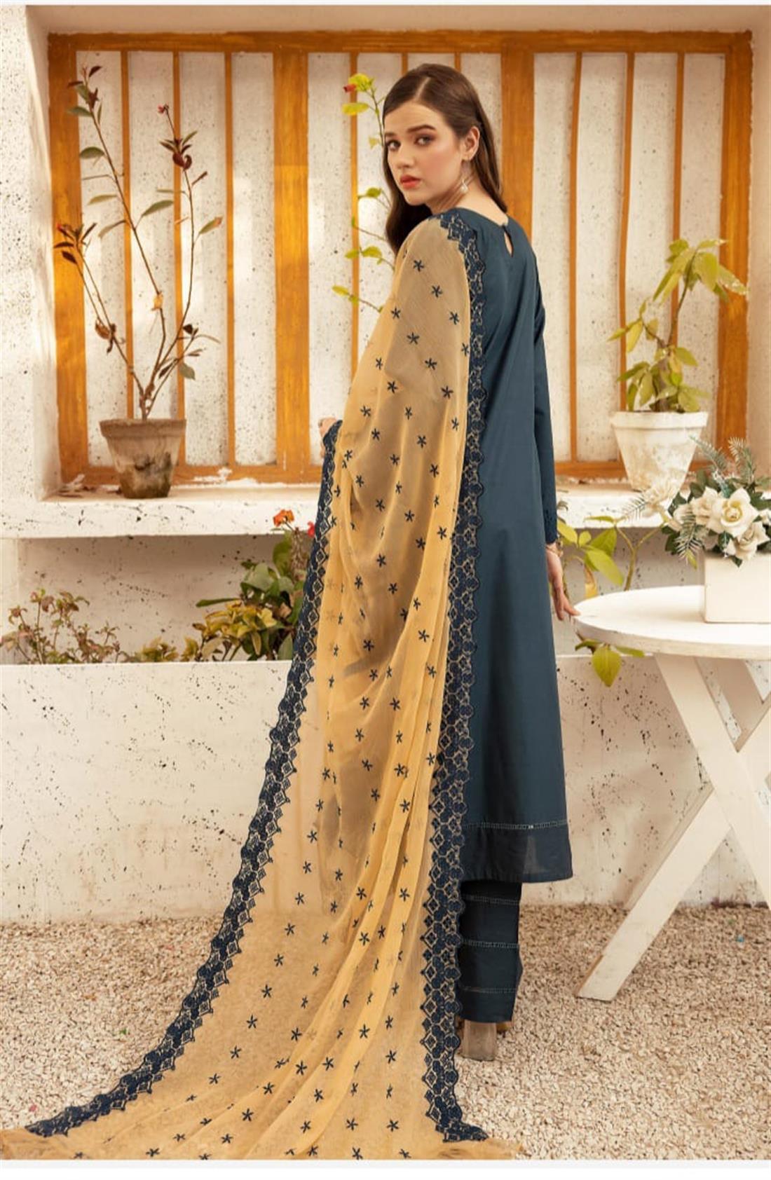 Teal & Beige Embroidered Chiffon Ladies Readymade