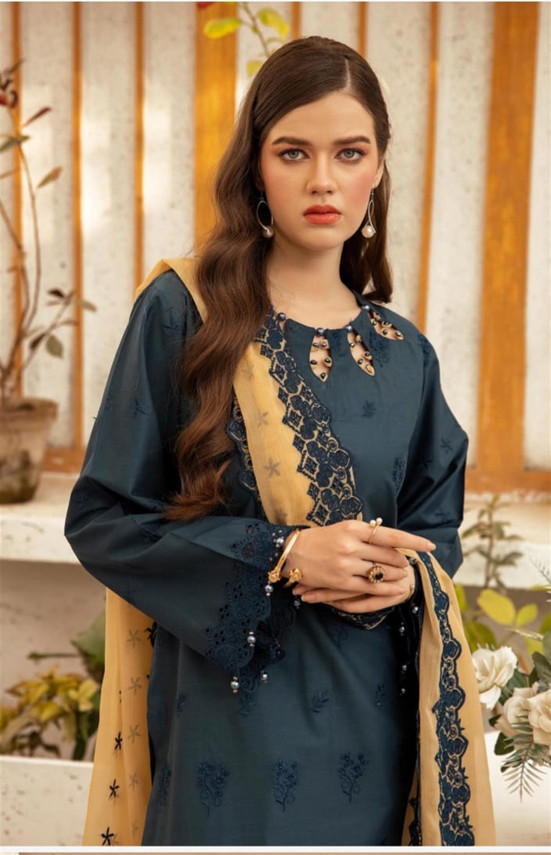 Teal & Beige Embroidered Chiffon Ladies Readymade
