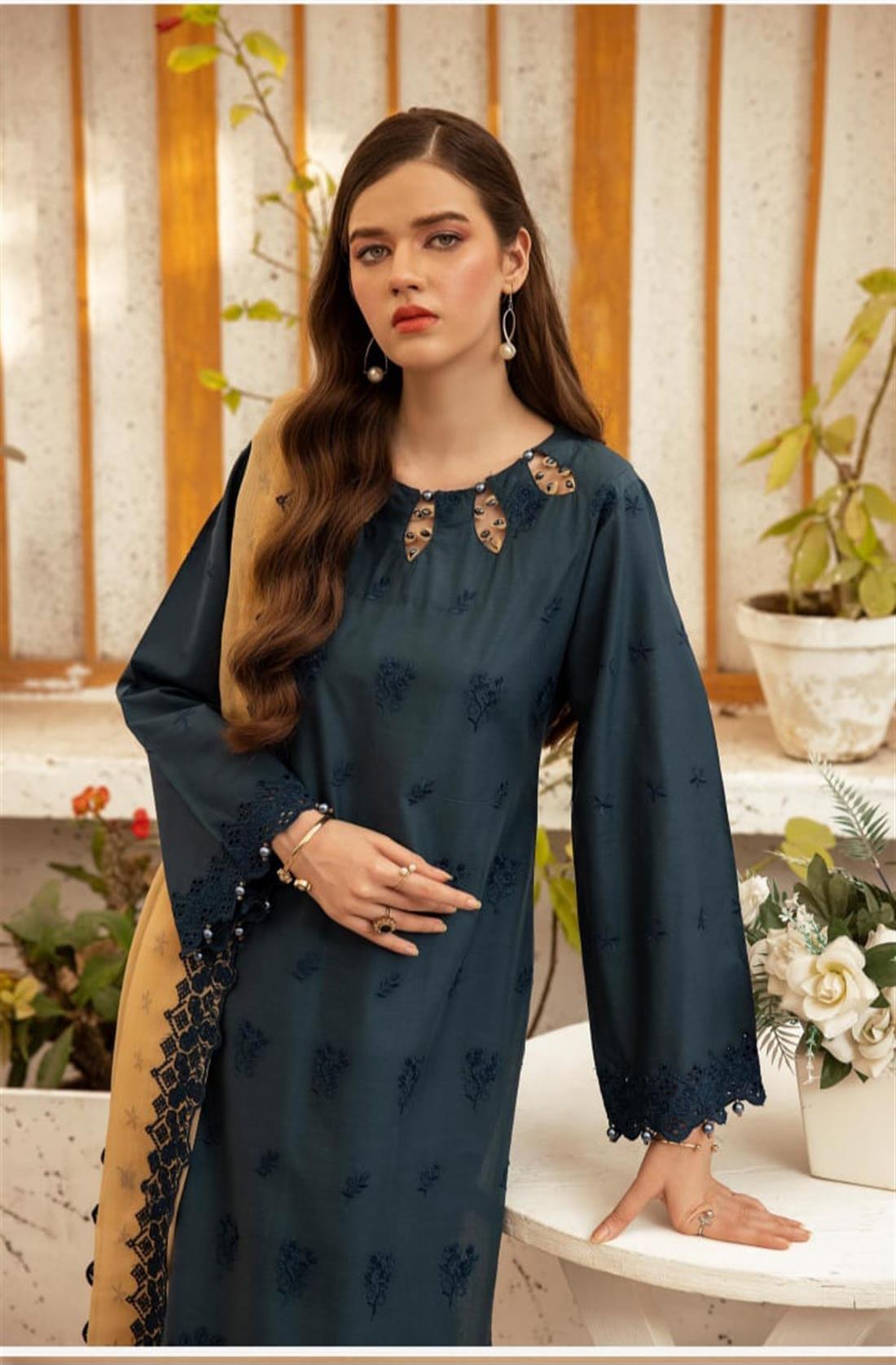 Teal & Beige Embroidered Chiffon Ladies Readymade