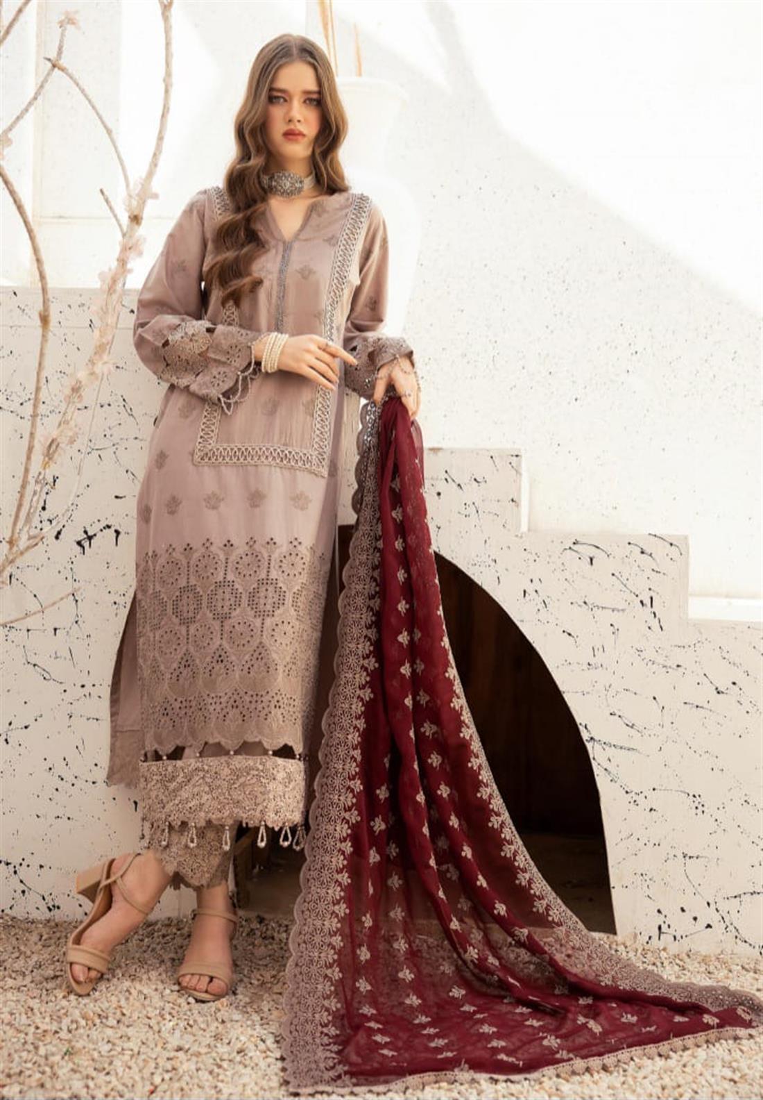 Mocca & Maroon Embroidered Chiffon Ladies Readymade