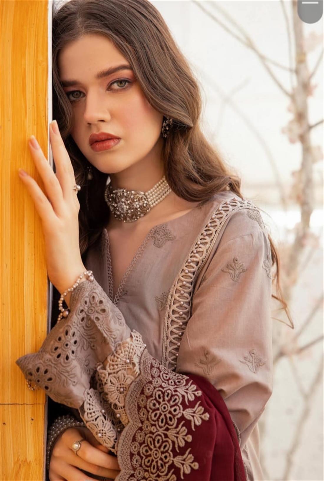 Mocca & Maroon Embroidered Chiffon Ladies Readymade