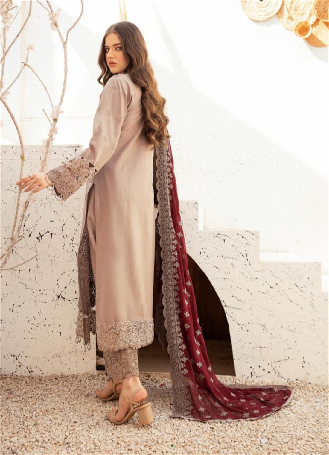 Mocca & Maroon Embroidered Chiffon Ladies Readymade