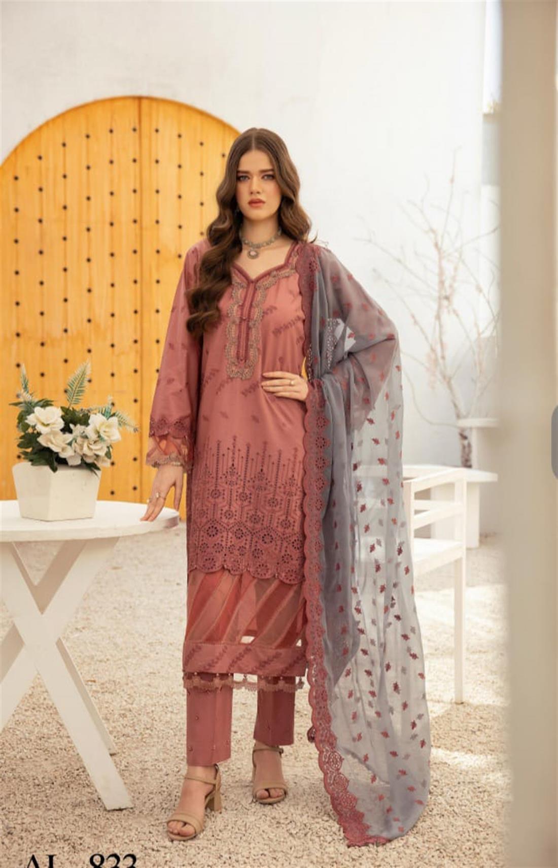 Dusty Pink & Grey Embroidered Chiffon Ladies Readymade