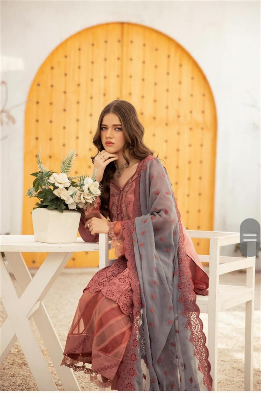 Dusty Pink & Grey Embroidered Chiffon Ladies Readymade