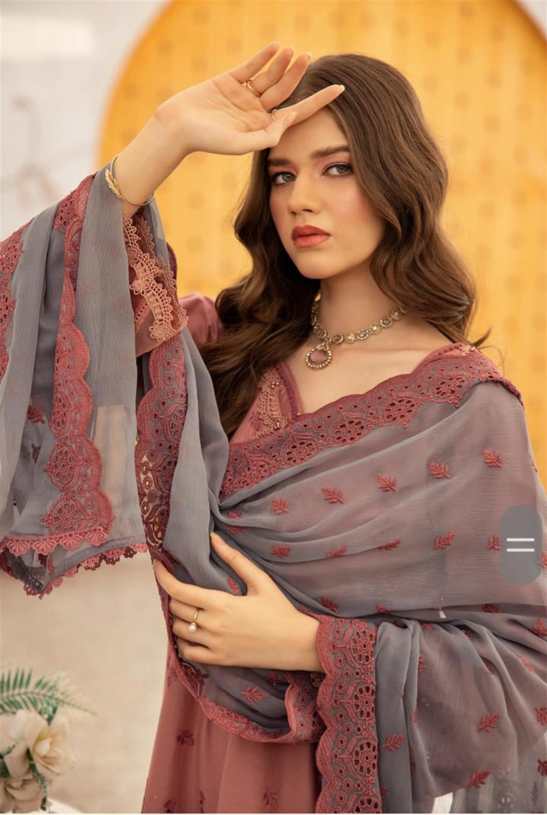 Dusty Pink & Grey Embroidered Chiffon Ladies Readymade