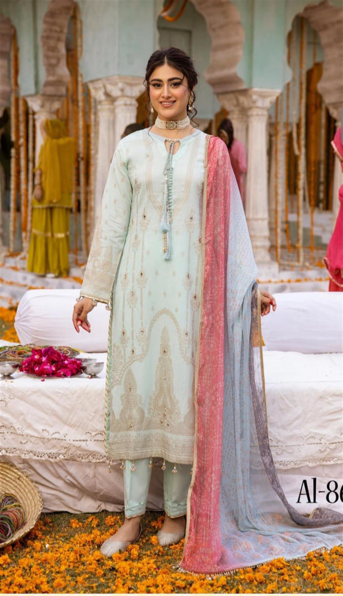 Mint Embroidered Chiffon Ladies Readymade
