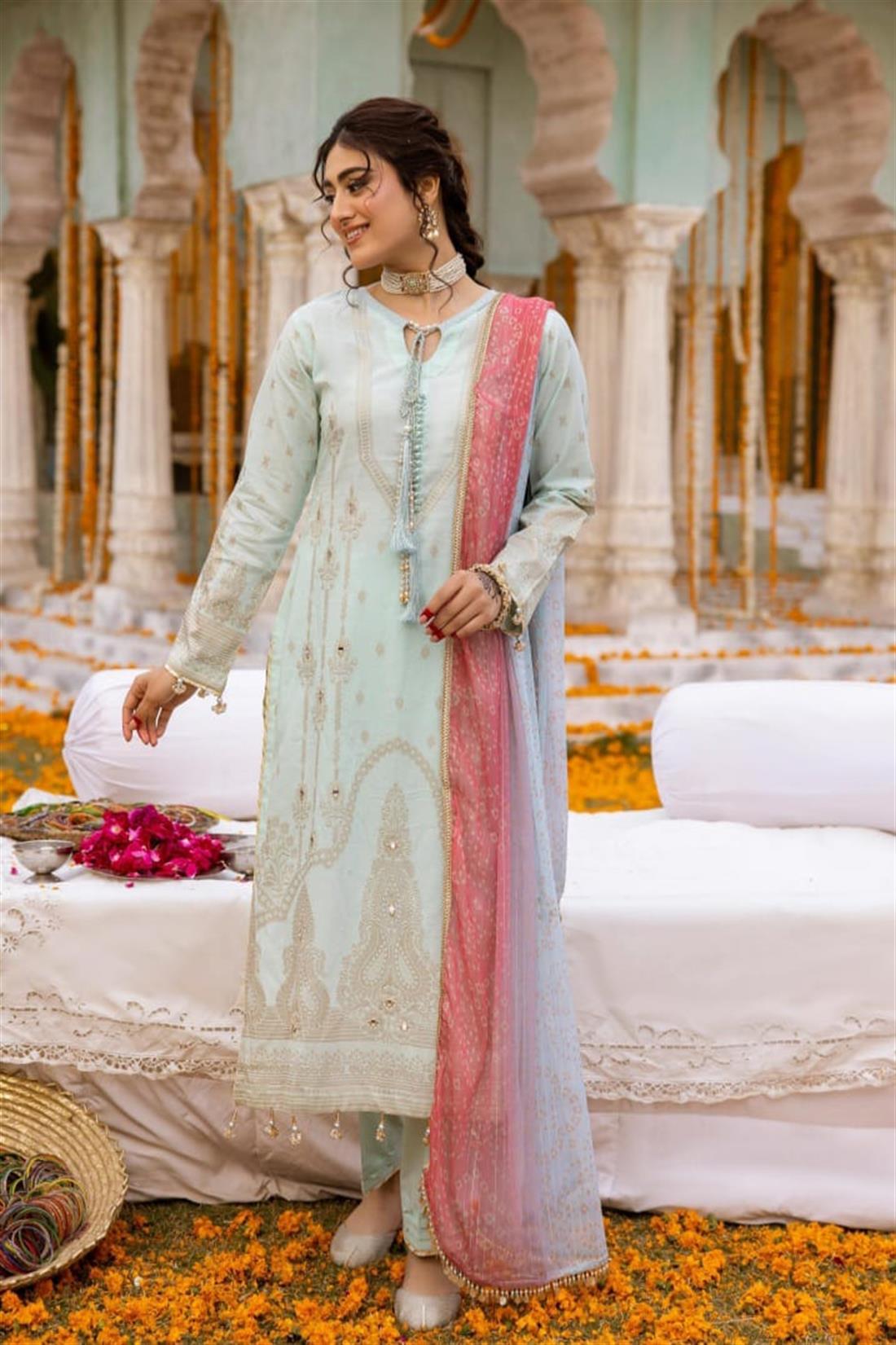 Mint Embroidered Chiffon Ladies Readymade