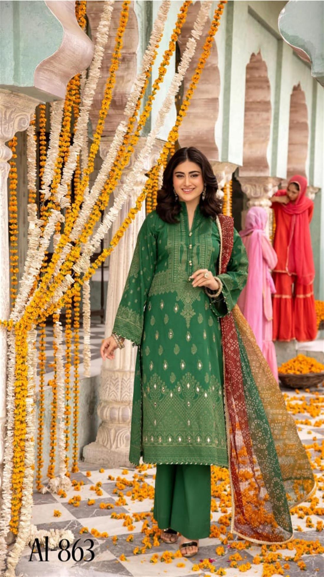 Bottle Green Embroidered Chiffon Ladies Readymade