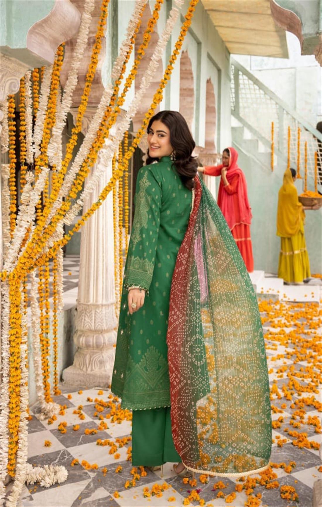 Bottle Green Embroidered Chiffon Ladies Readymade