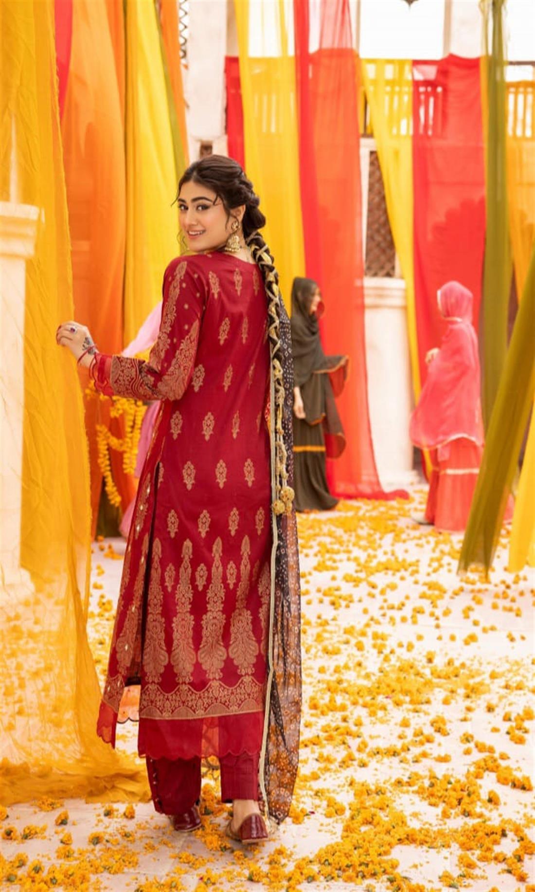 Maroon Embroidered Chiffon Ladies Readymade