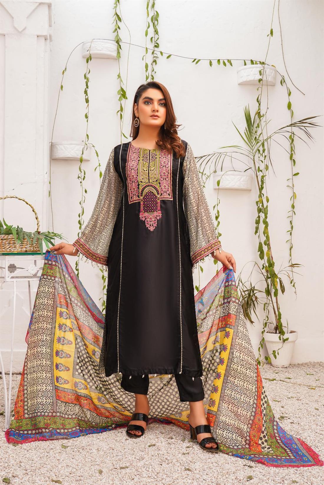 Black & Multicolour Embroidered Georgette Ladies Readymade