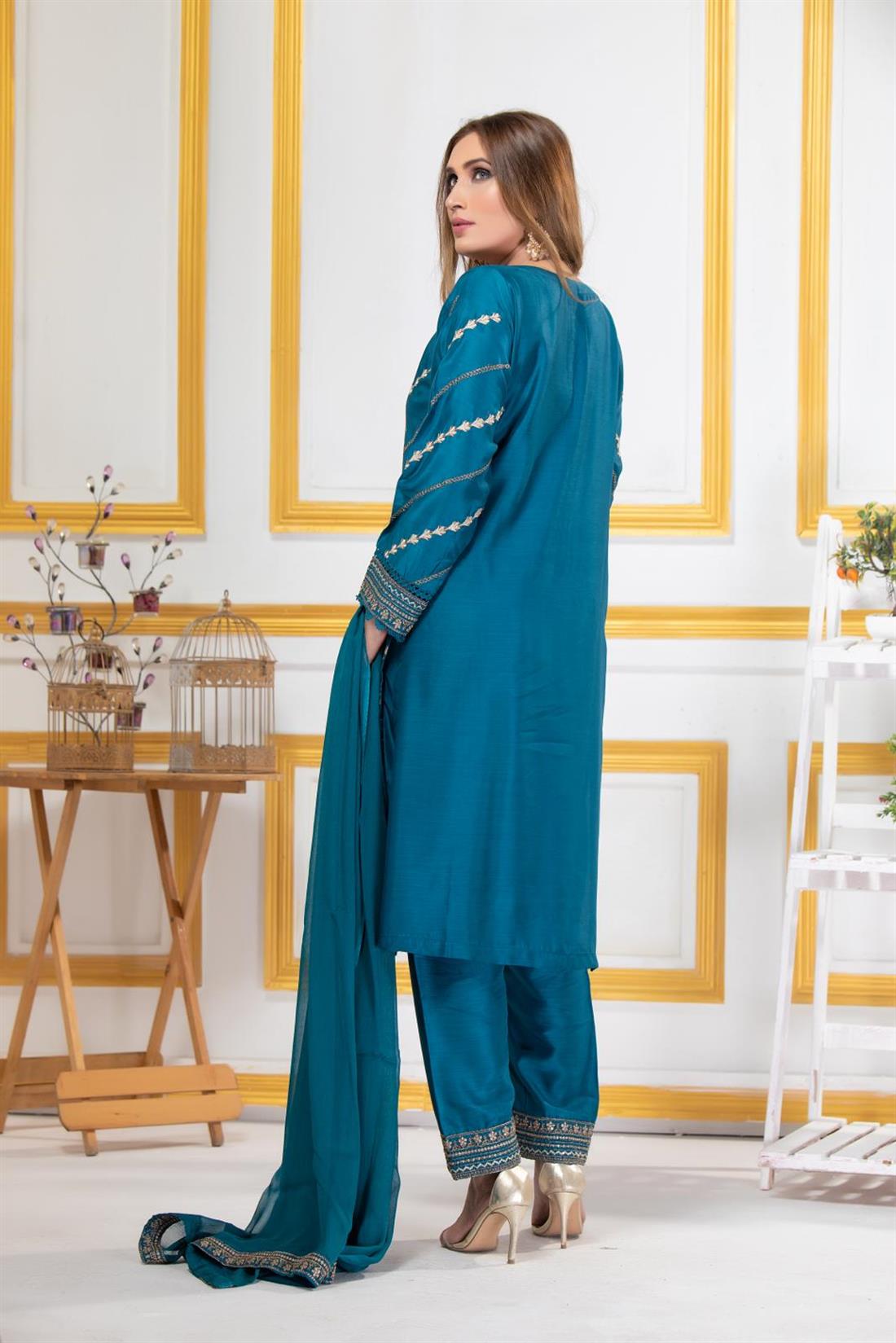 Teal Blue Embroidered Georgette Ladies Readymade