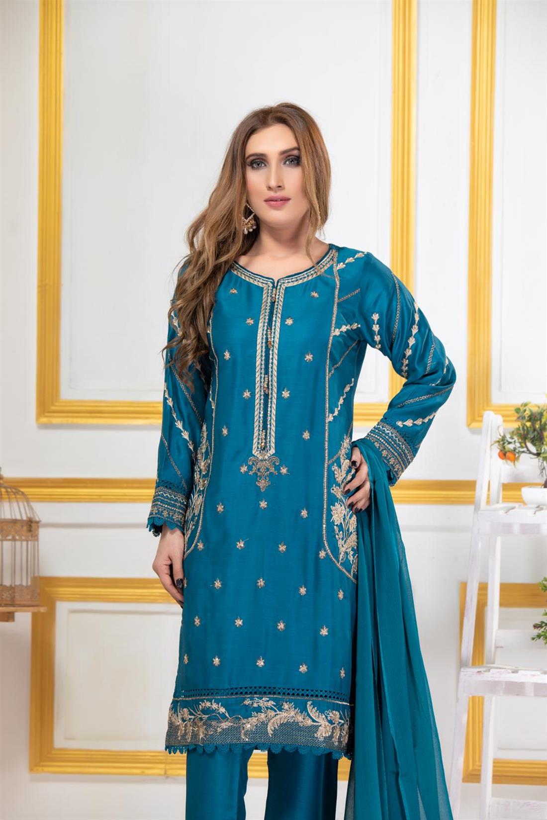 Teal Blue Embroidered Georgette Ladies Readymade