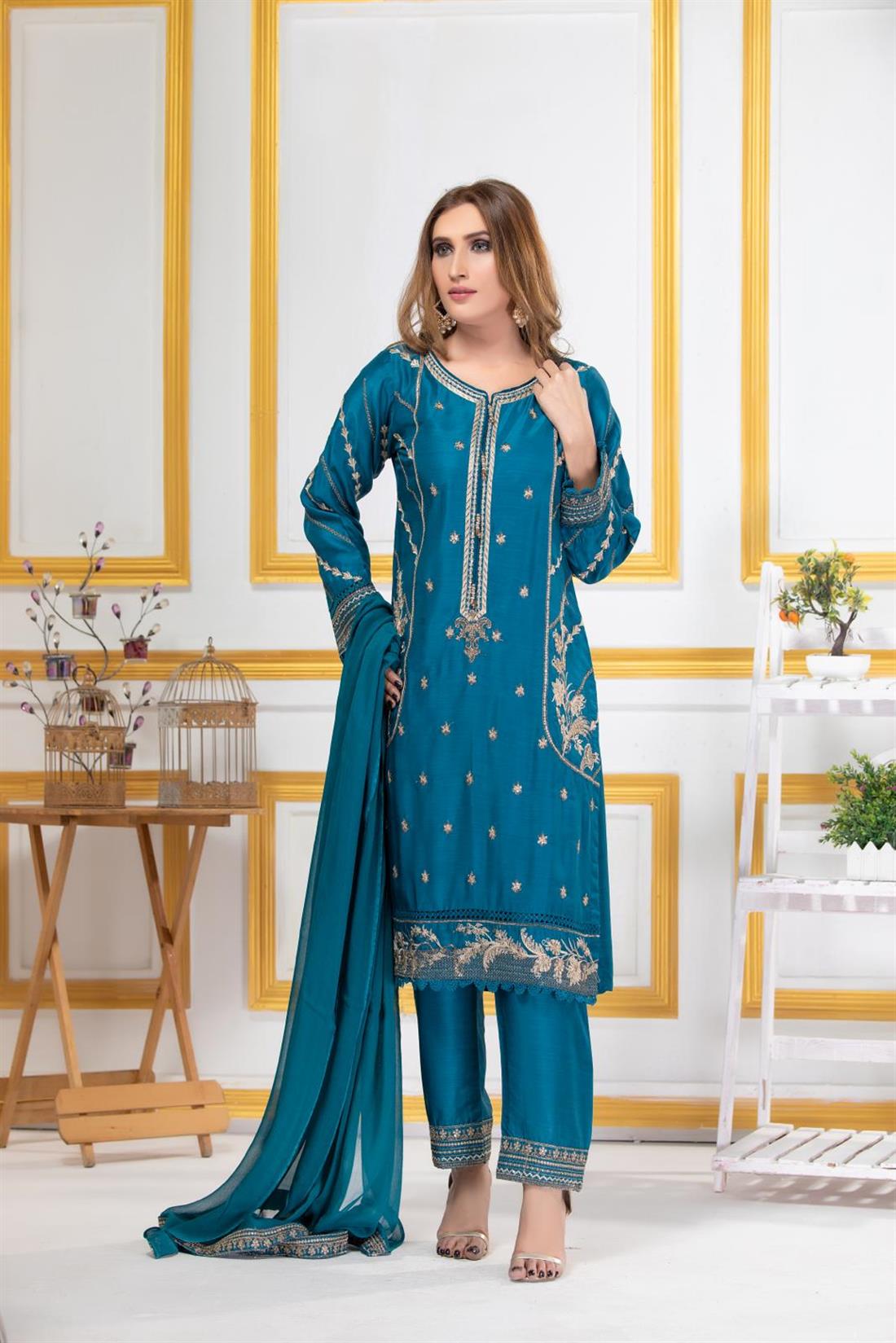 Teal Blue Embroidered Georgette Ladies Readymade