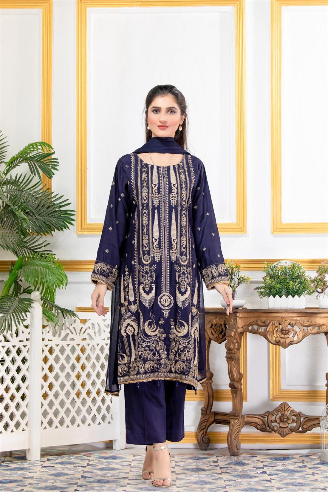 Navy Embroidered Georgette Ladies Readymade