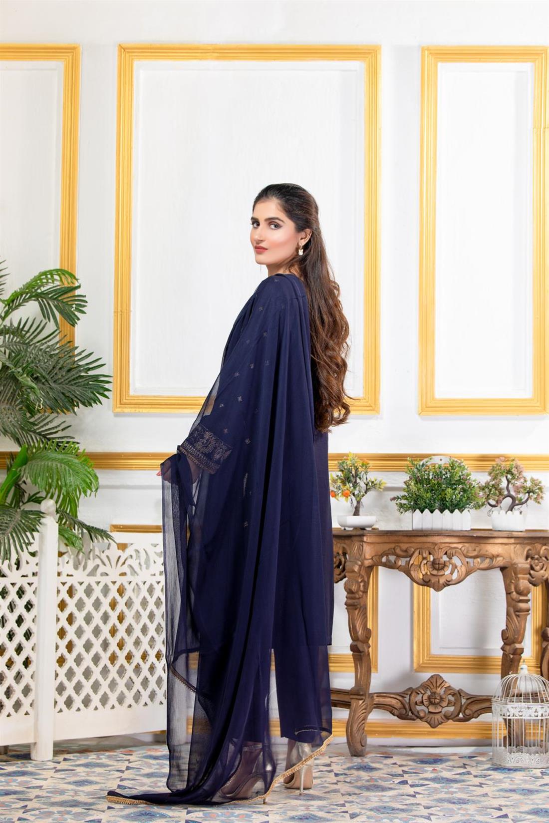 Navy Embroidered Georgette Ladies Readymade