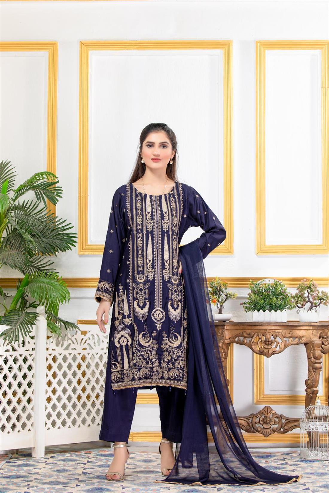 Navy Embroidered Georgette Ladies Readymade