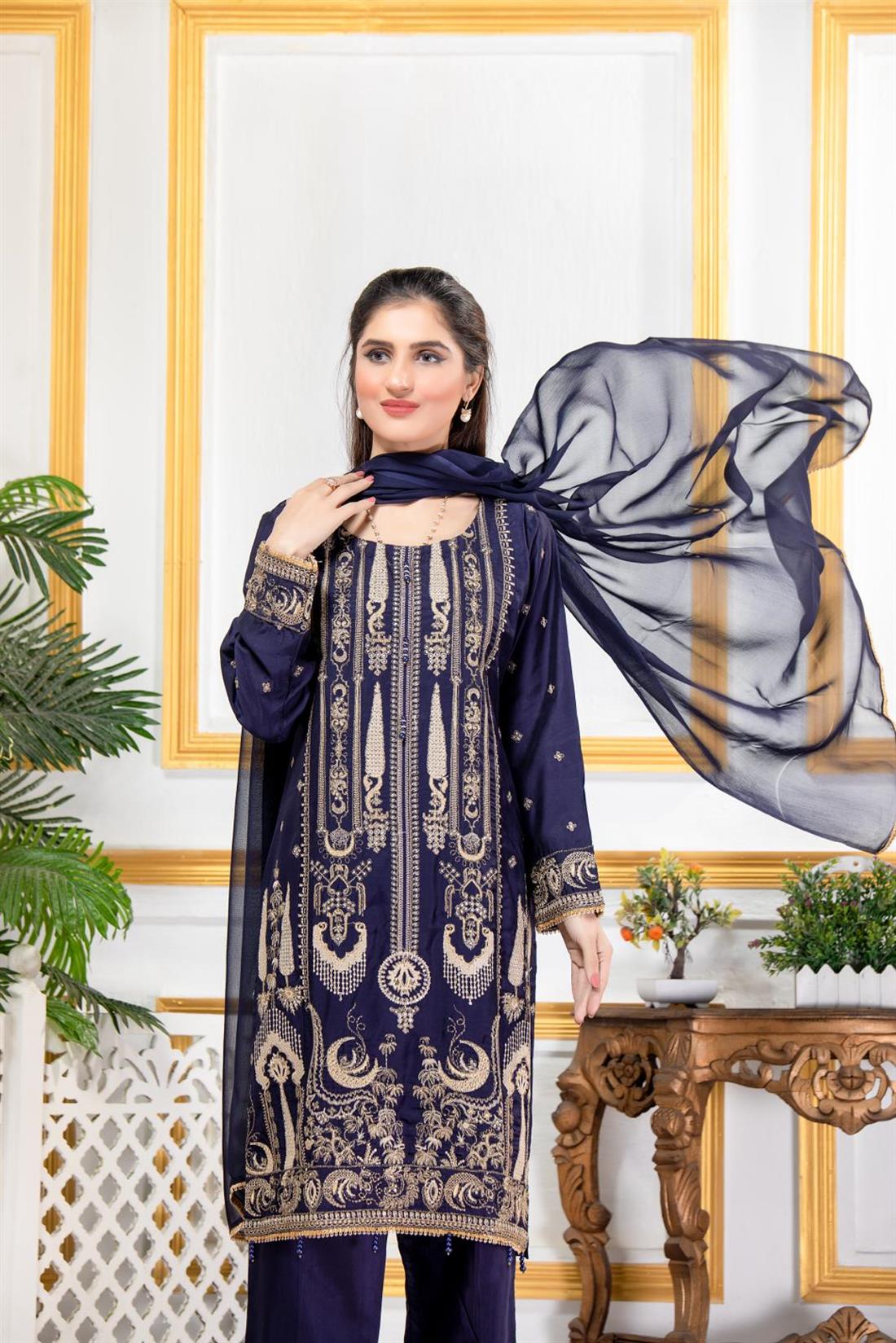 Navy Embroidered Georgette Ladies Readymade