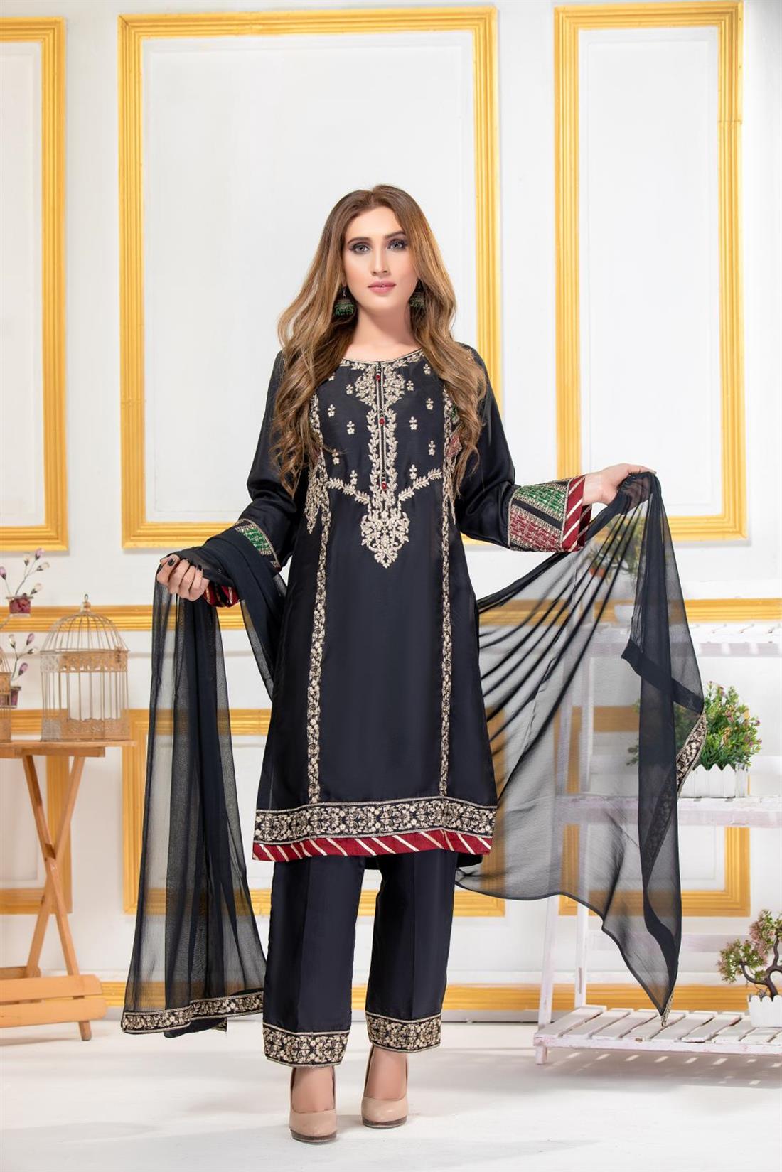 Black Embroidered Raw Silk Ladies Readymade