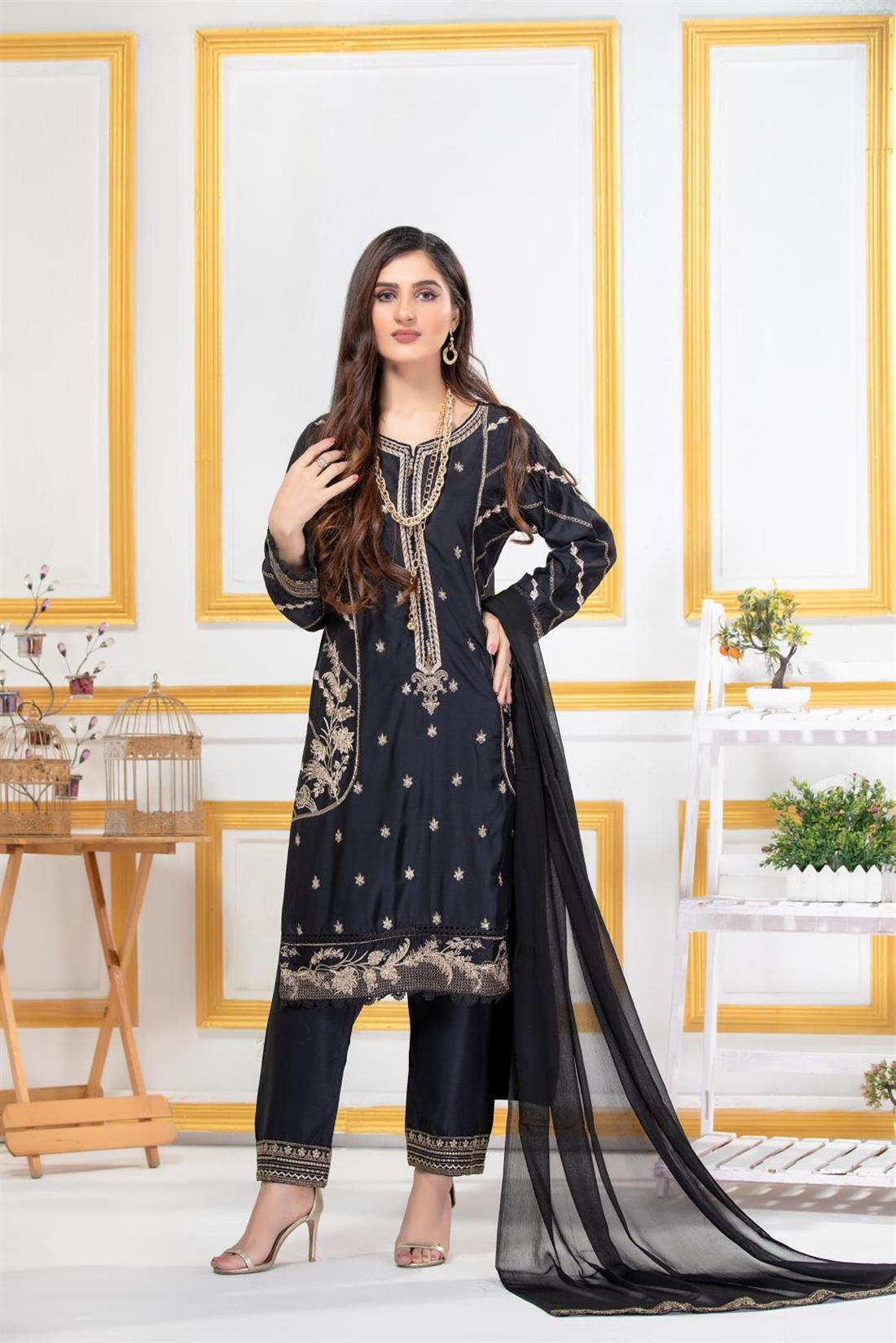 Black Embroidered Georgette Ladies Readymade