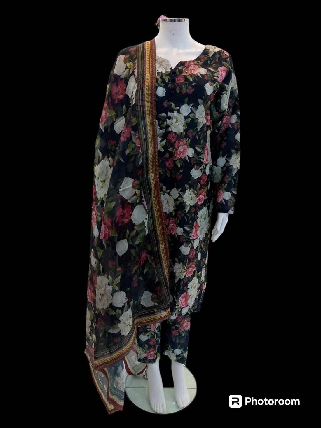 Black & Multicolour Digital Print Silk Cotton 3 Piece Suit