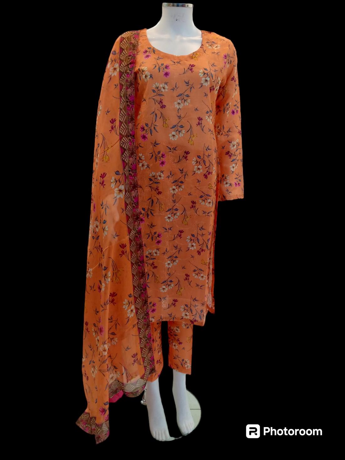 Orange Multicolour Digital Print Silk Cotton 3 Piece Suit