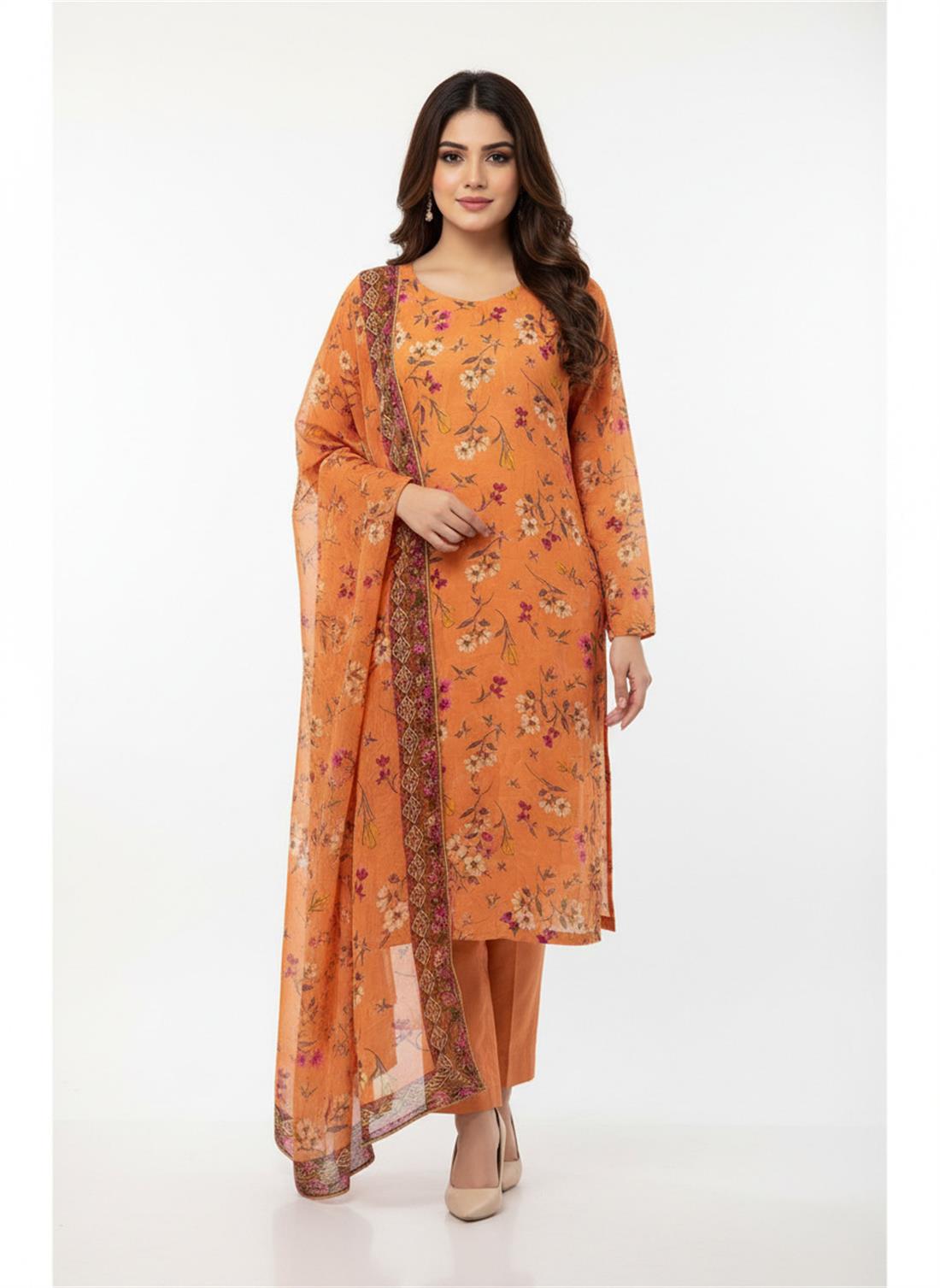 Orange Multicolour Digital Print Silk Cotton 3 Piece Suit