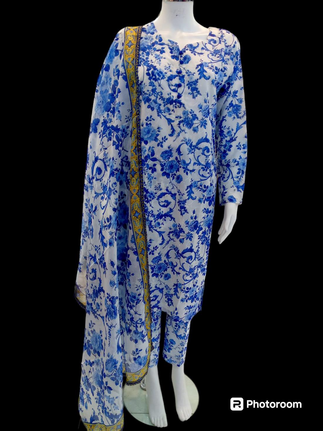 Blue & White Digital Print Silk Cotton 3 Piece Suit
