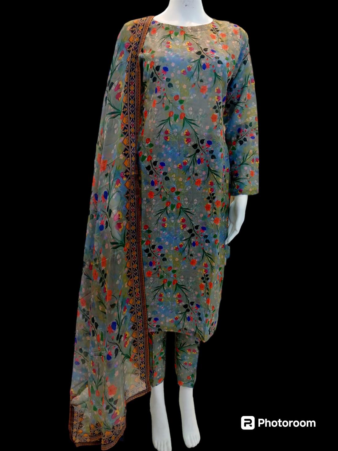 Olive Multicolour Digital Print Silk Cotton 3 Piece Suit